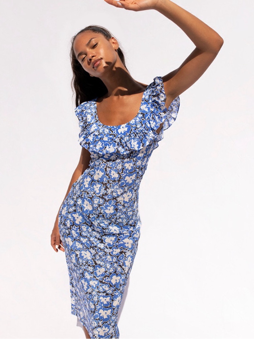 Realisation Par NWT XL Lou Silk Midi Dress in Dandelion Blue Floral Ruffle